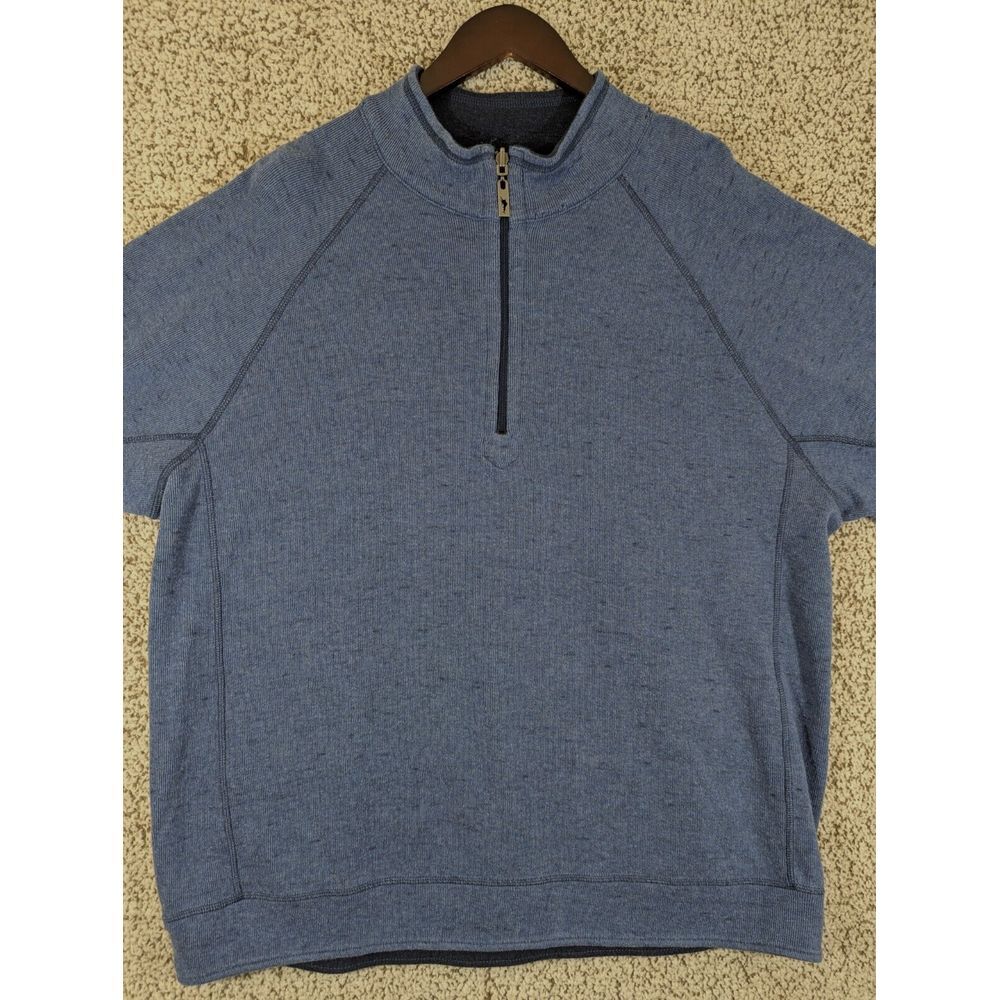 Tommy Bahama 1/4 Zip Pullover Sweater Men XL Blue REVERSIBLE to Gray Long Sleeve